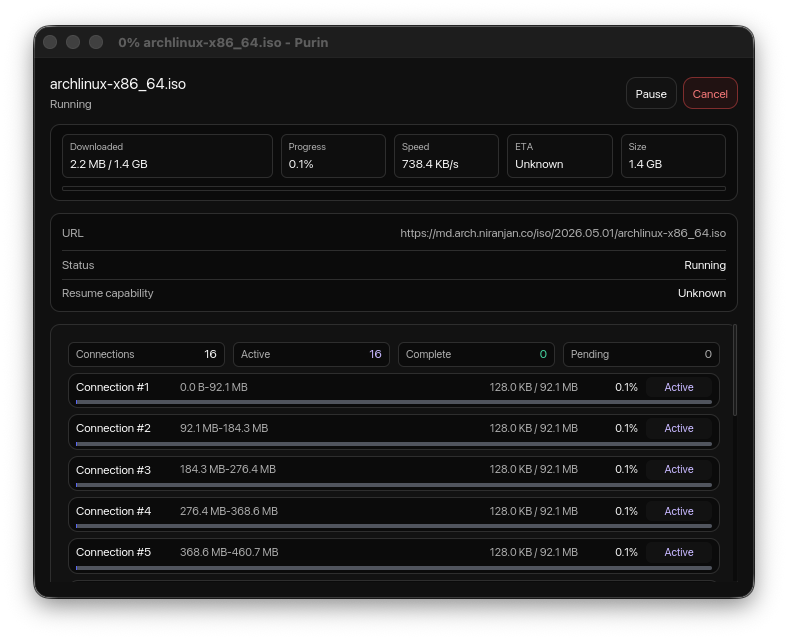Purin download window showing progress, speed, status, and connection details.
